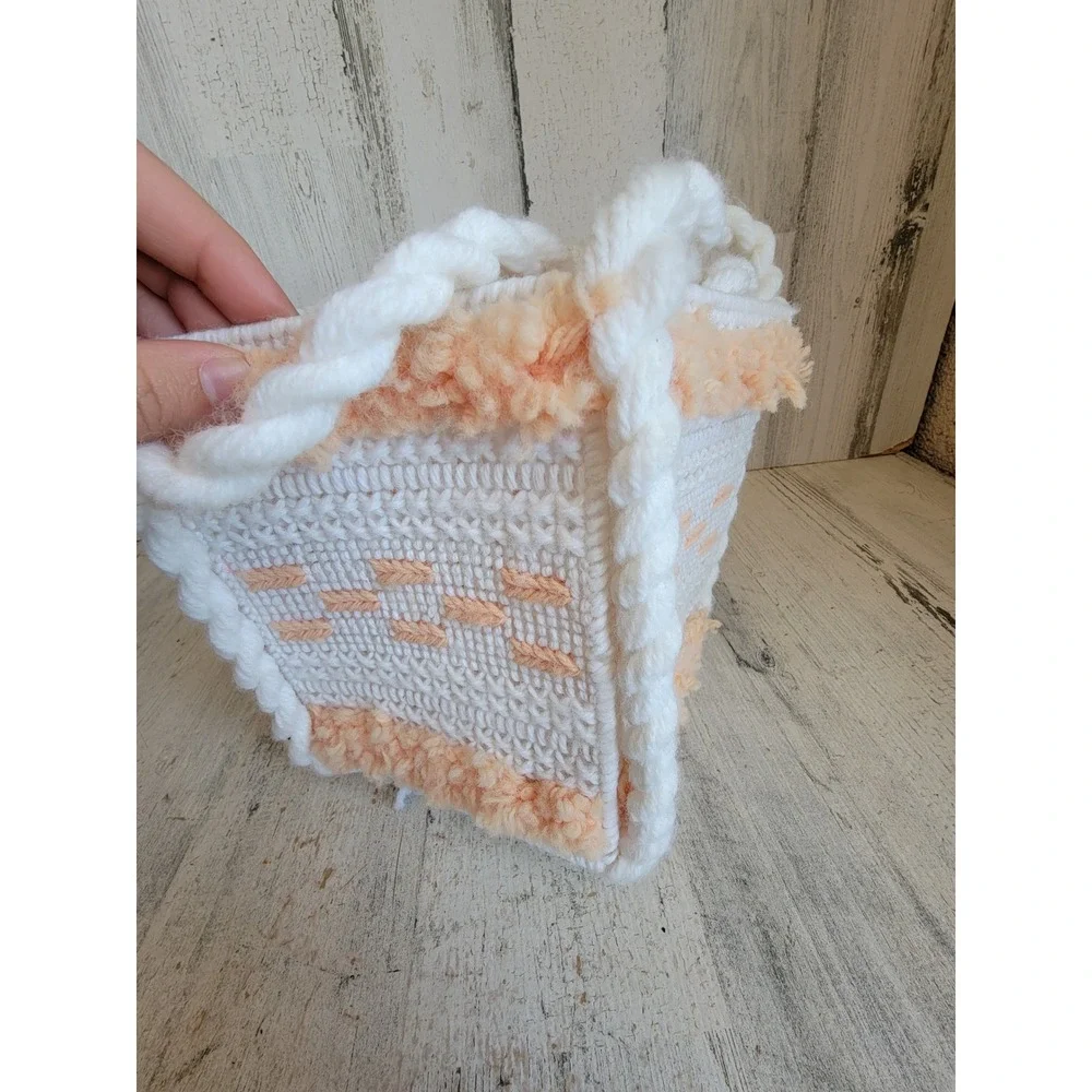 Crochet orange square plush hanging basket unique home decor tassel